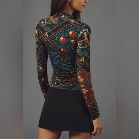 FARM Rio Black Multi-Color Floral Print Long-Sleeve Mock Neck Top - Picture 2 of 9